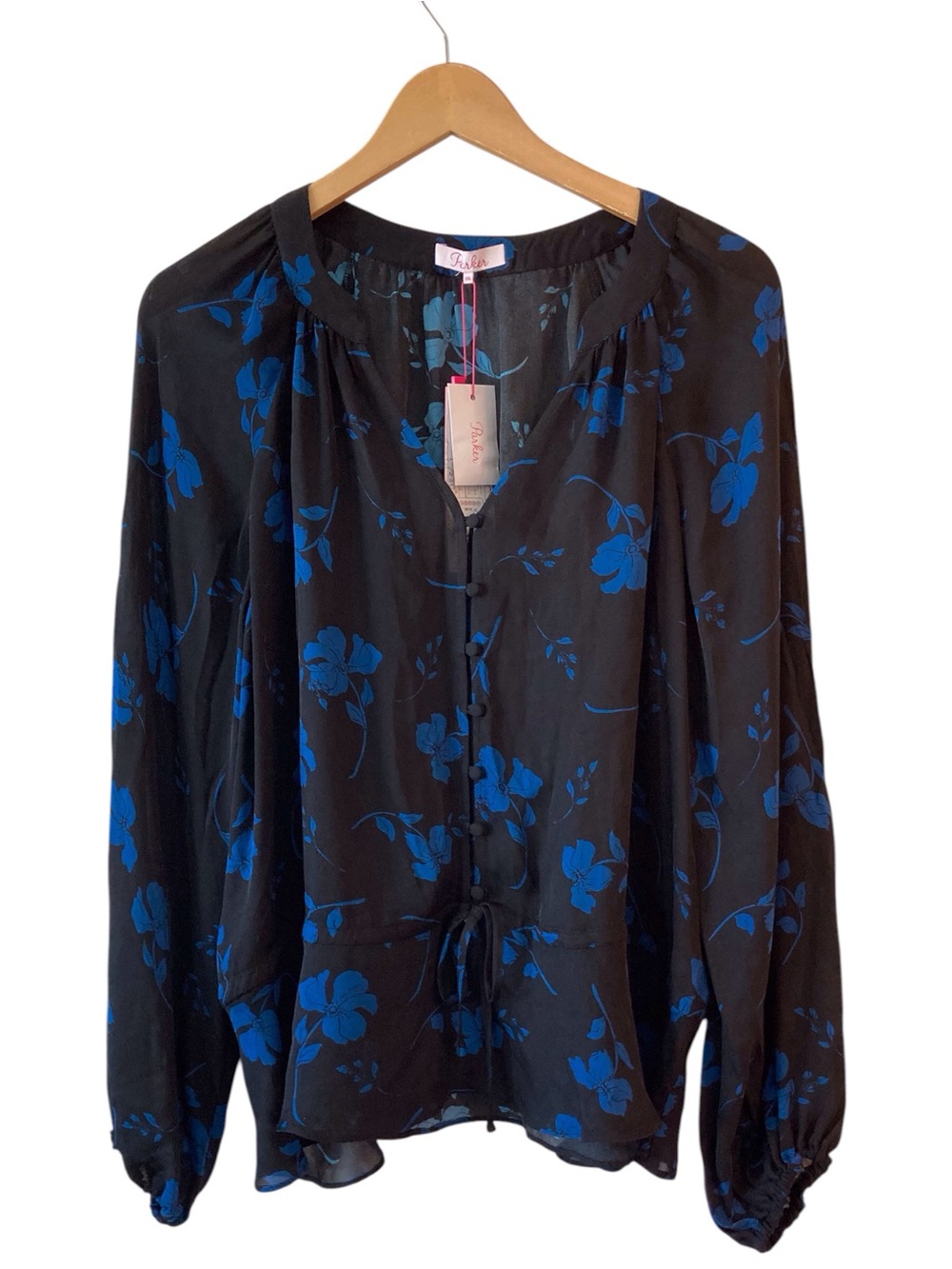 PARKER NYC | NWT Silk Blend Floral Blouse | Black & Cobalt Blue | Size XXL